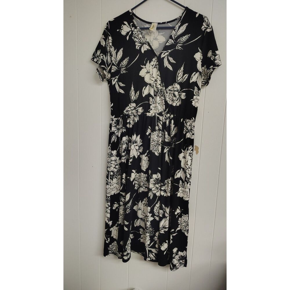 LARA Black & White Floral Faux Wrap Midi Dress Short Sleeve Size Large